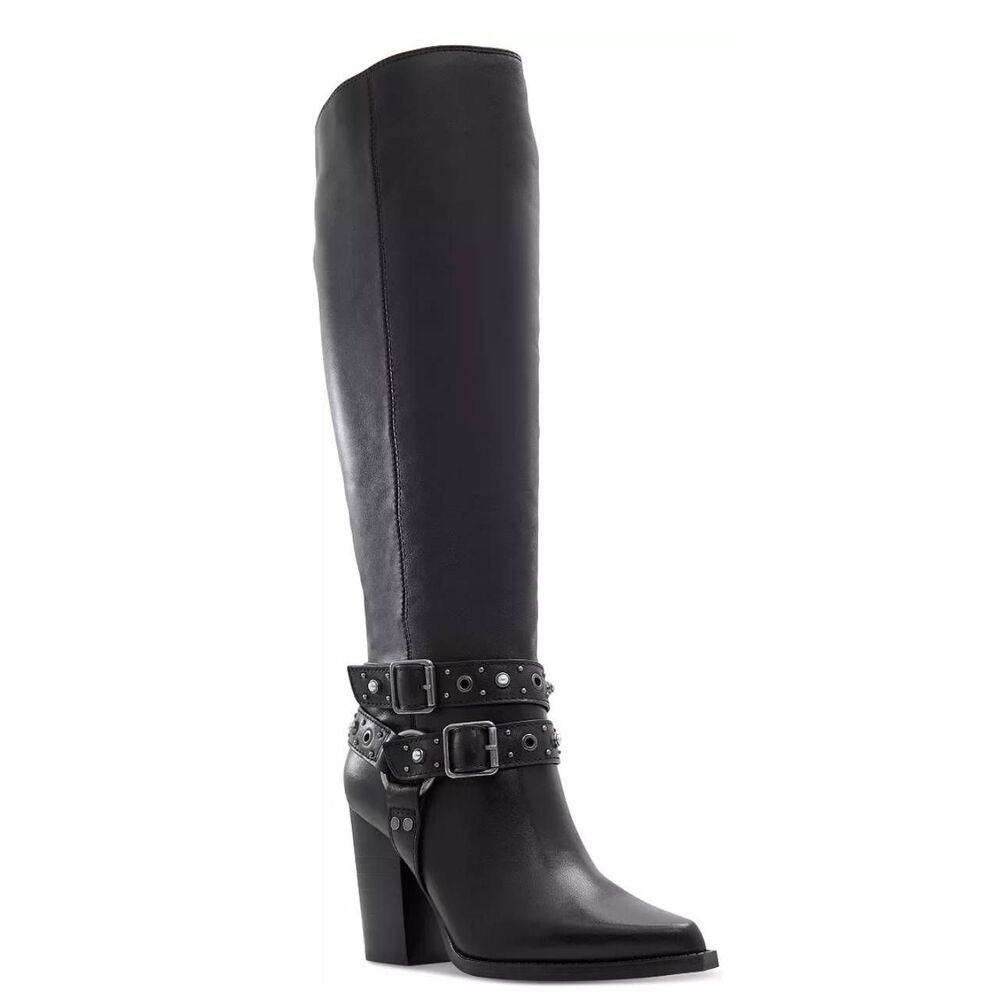 Aldo Thelidan‎ Buckle Pointed Toe Knee High Boots Size 8.5 in Black Block Heel